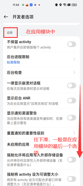 在开发者选项中找到应用模块