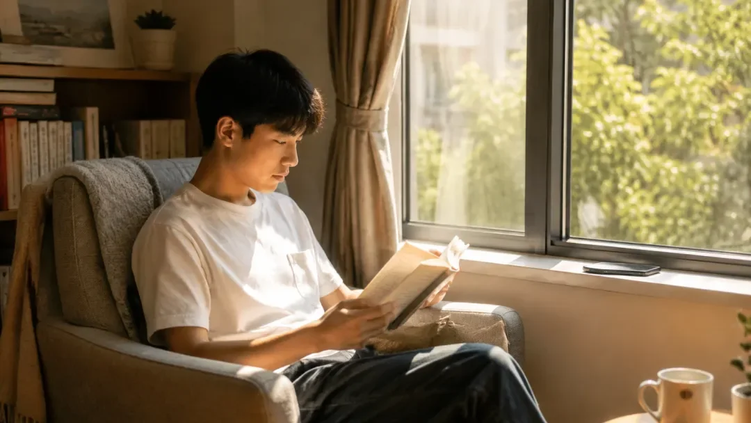 年轻人在窗边阅读书籍，手机放在一旁